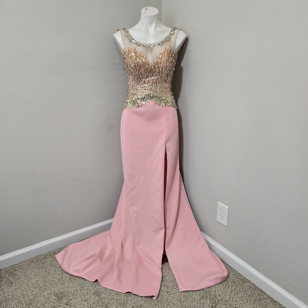Sz 6 Ritzee Originals 2629 Pink Gold Beaded Illusion Open-Back Gown Dress